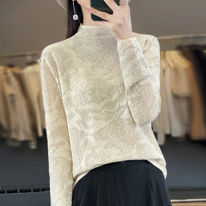 

Fall/Winter New Solid Color Half-high Neck Jacquard Pure Wool Pullover Knitted Bottom Shirt Women Wear Sweaters Outside