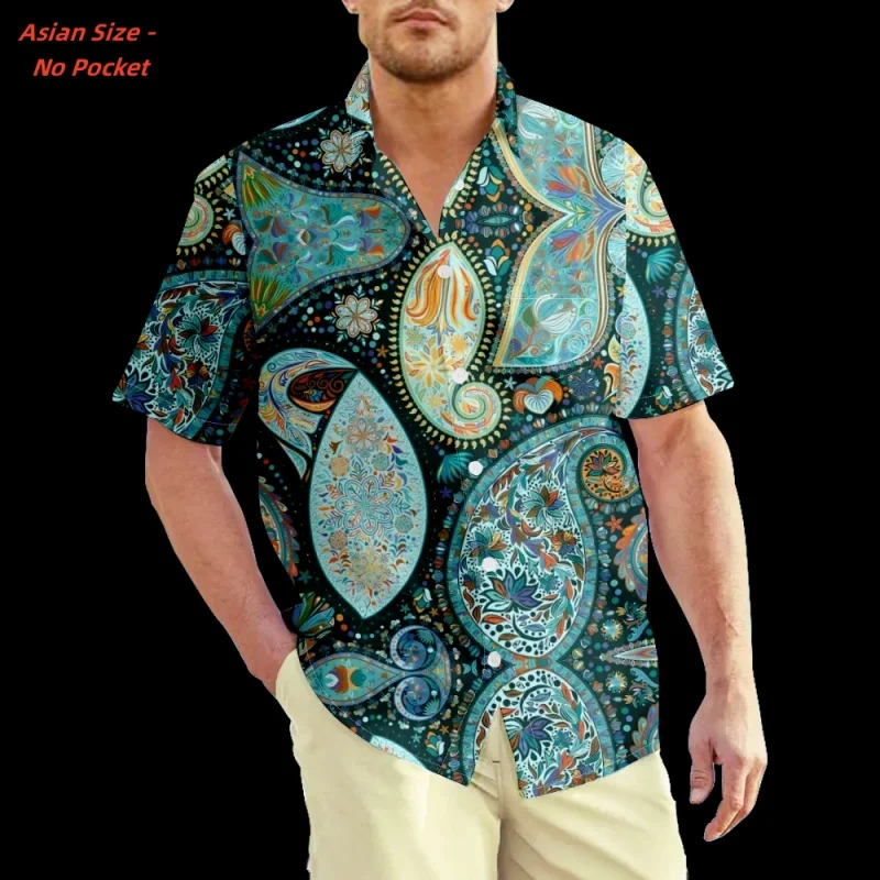 3D Printed Exquisite Ethnic Shirt For Men Fashion Colorful Pattern Hawaiian Shirts Loose Short Sleeves Tops Lapel Button Blouse