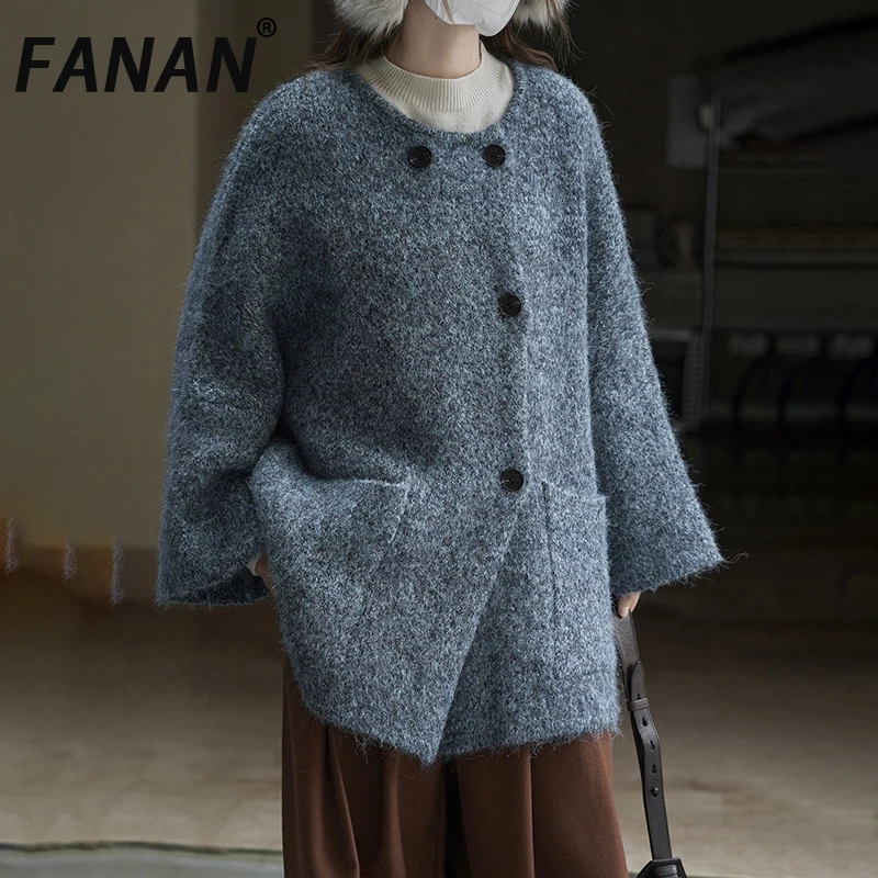 

FANAN корейский стиль толстый теплый вязаный свитер для женщин с круглым вырезом однобортный повседневный свободный топ женская одежда зимняя новинка