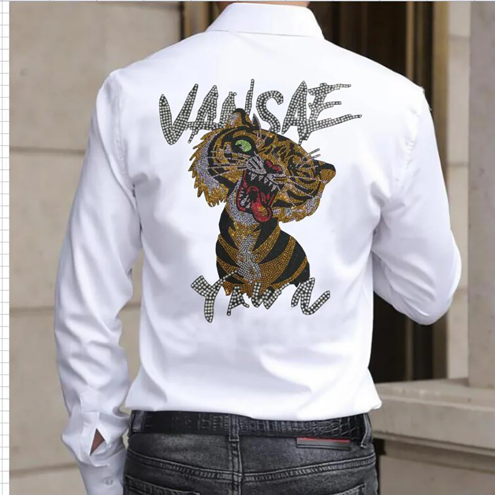 

Men Shirt Long Sleeve Rhinestone Color New Clothing Summer Streetwear Casual Fashion Tops 124