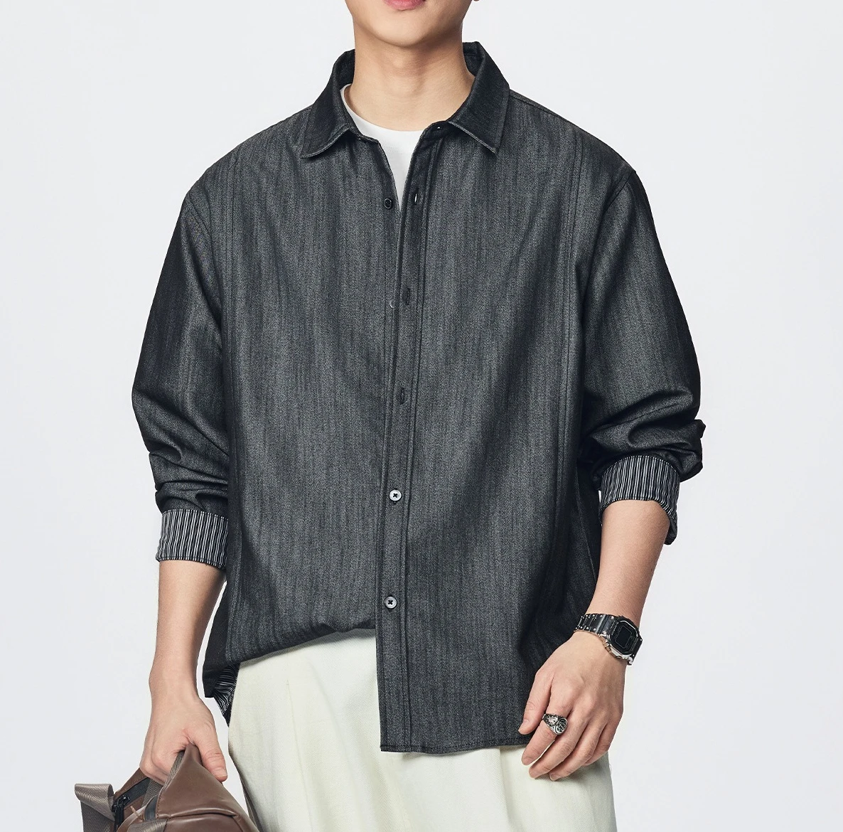 Heavy Denim Shirt Men's Jacket Spring 2026 Contrasting Striped Shirt Lapel
