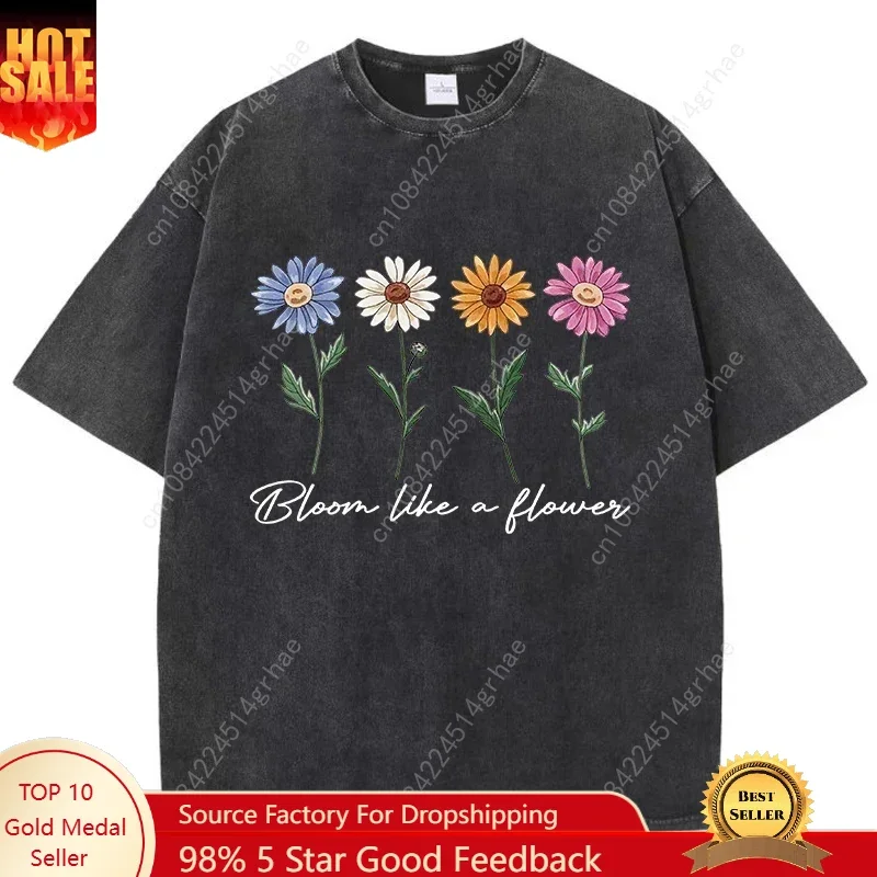 

Men's and women's short-sleeve T-shirtshigh-quality washed retro crewneck chrysanthemum printed T-shirts