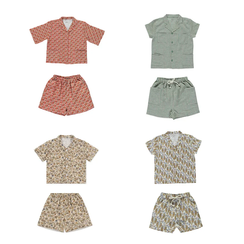 

In Stock 2026 BEO NEW Spring Summer Baby Girls Floral Sets Boys Green Plaid Shirt and Shorts Set Cartoon Printed Beach Shorts