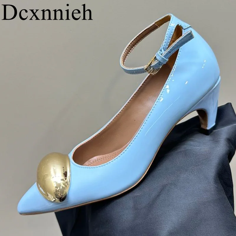 

Spring and Autumn New Lacquer Leather Solid Color High Heel Women's Metal Decorative Single Shoes Cute Low Heel Dress Shoes 2024