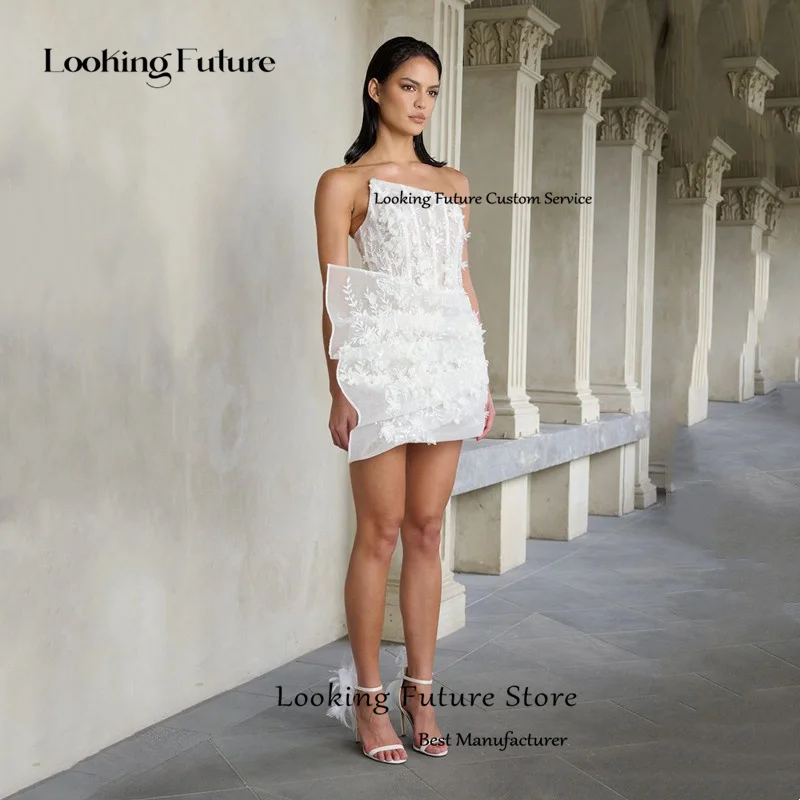 Requintado tule mini apliques vestido de casamento moderno sem alças plissado bordado vestido de noiva sexy aberto volta com zíper customizd