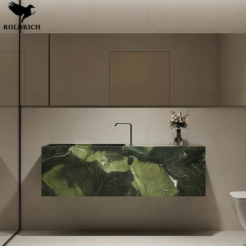 Uu Avocado Green Marble Slim Edge Wall-Mounted Deep Basin Undermount Bathroom Sink