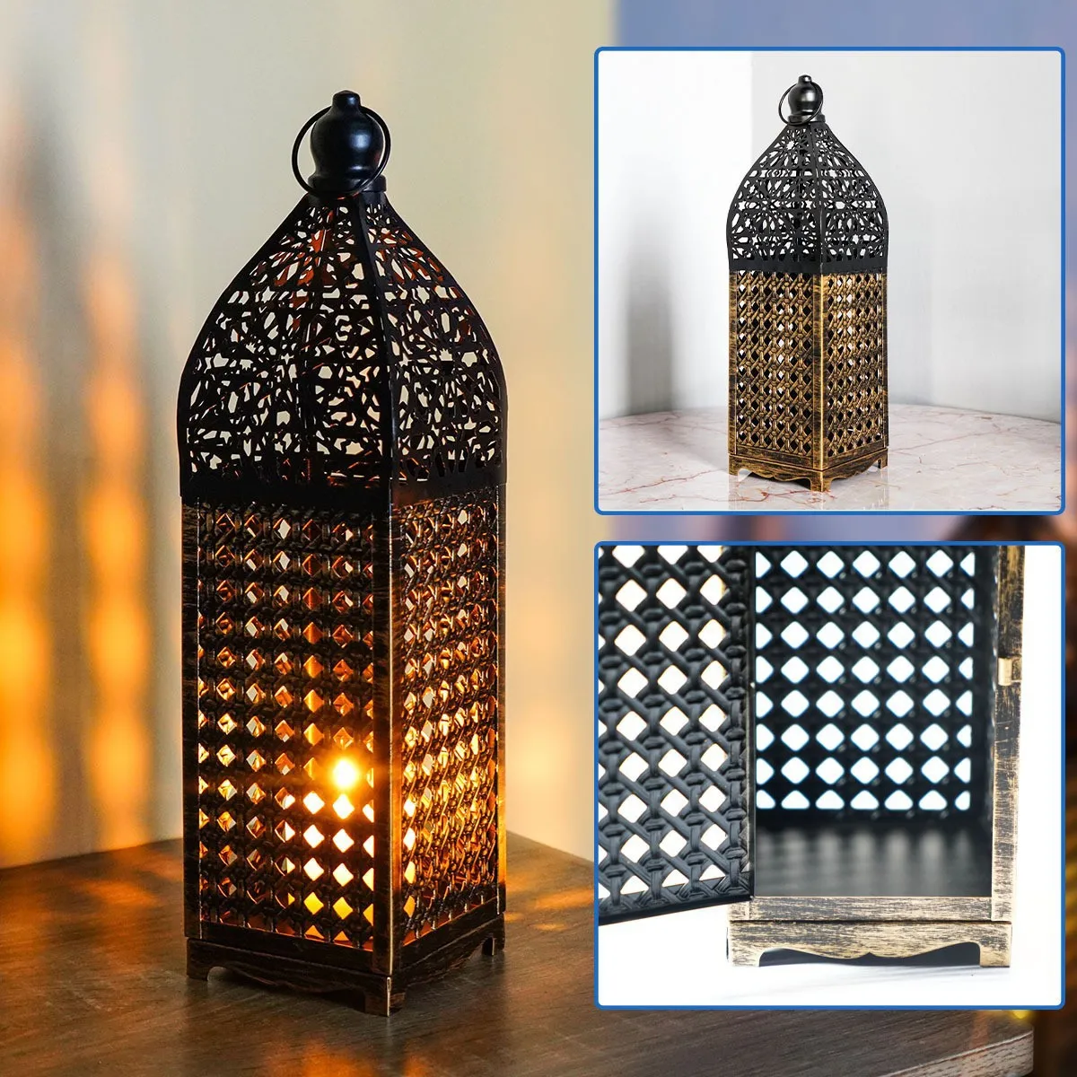 Moroccan Wrought Iron Cutout Lantern Candle Holder Decorative Ambient Light Home Decor