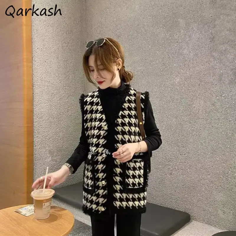 

Vests Women S-3XL Simple Houndstooth Design Korean Style Female Elegant Casual Holiday Outwear Stylish Vintage Classic All-match