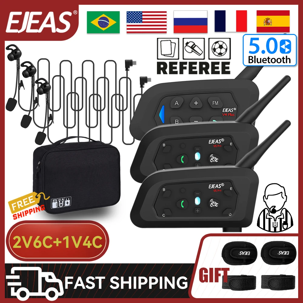 EJEAS V6C PRO 2PCS + V4C PLUS Football 3 Referee Intercom Headset Soccer Full Duplex Bluetooth Conference Interphone Waterproof