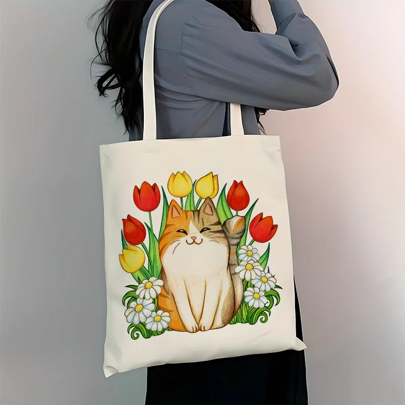 1pc Large Women's Tote Bag Suitable for Shopping & Travel - Cute Orange Tabby Cat & Tulips Print, Spacious Purse with Sturdy Han