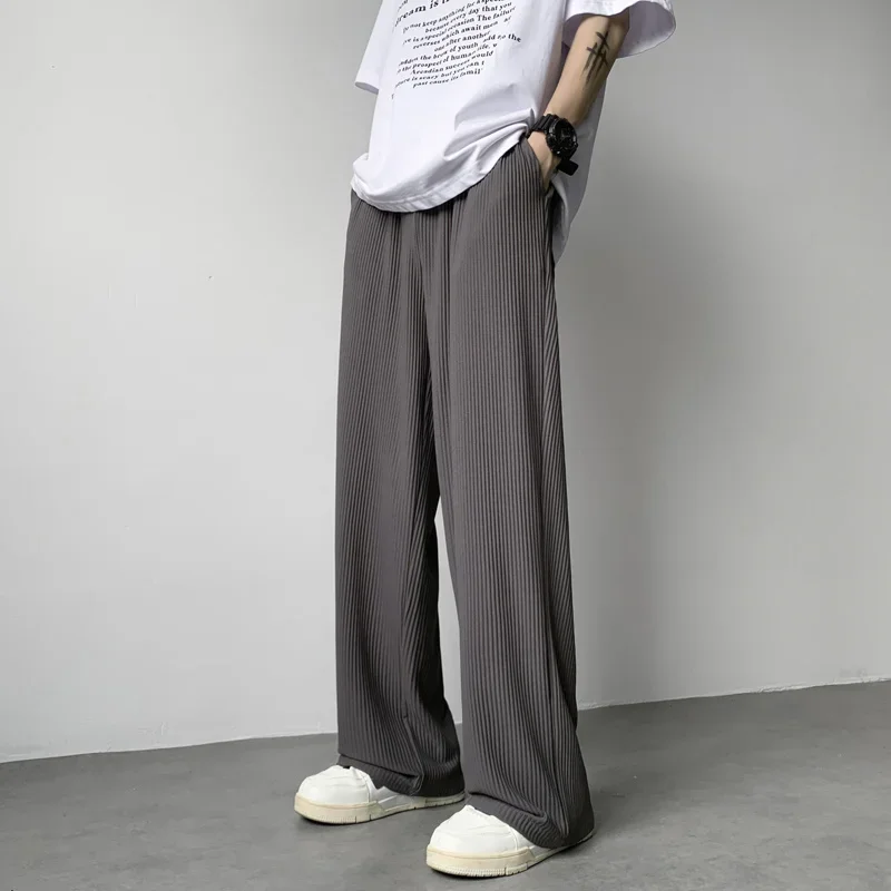 Zomer Geplooide Broek Mannen Mode Oversized Ijs Zijden Broek Mannen Japanse Streetwear Hip-Hop Losse Rechte Broek Heren Broek