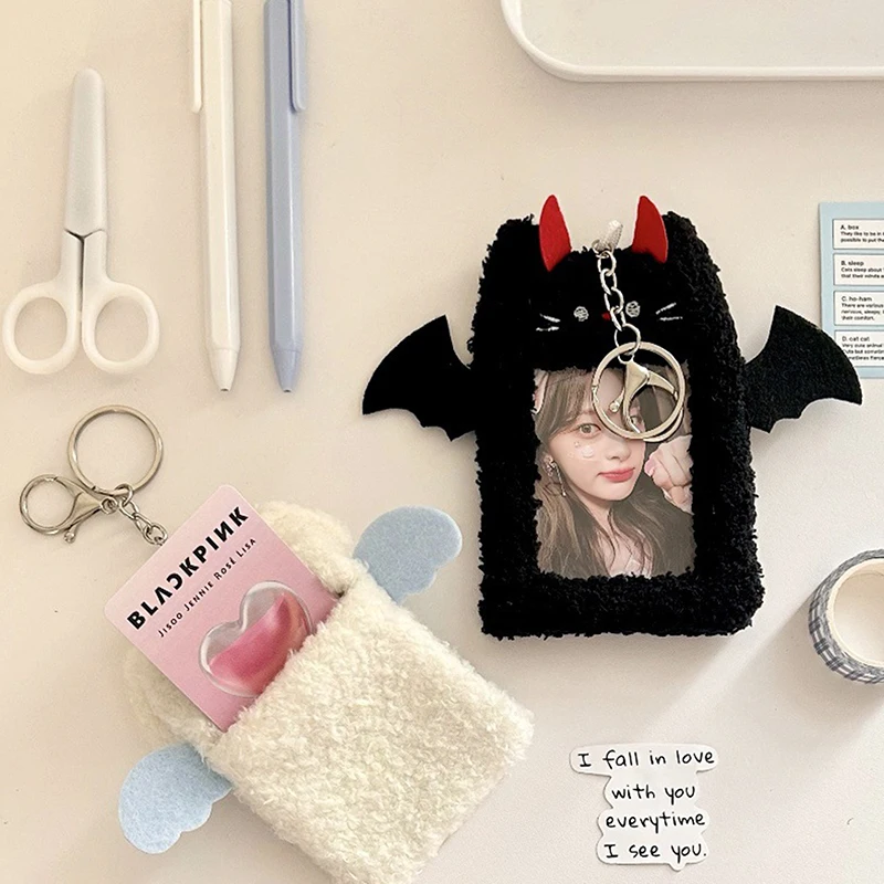 Soft Plush Cartoon Photocard Holder Animal Series 3 Inch Kpop Photo Card Holder Angels And Demons Bag Pendant School Stationery