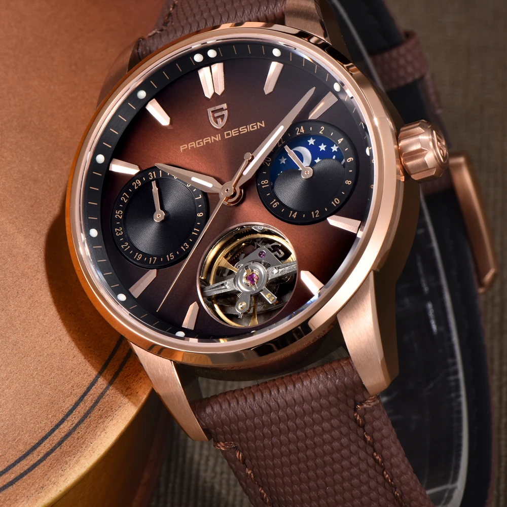 PAGANI تصميم جديد جوفاء ساعات رجالية القمر المرحلة الميكانيكية ساعة أوتوماتيكية الرجال AR الياقوت مضيئة مقاوم للماء ساعة جلدية #5