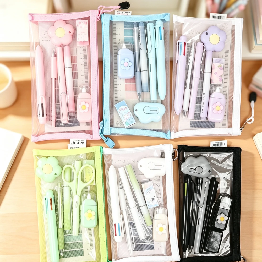 9Pcs/Set Stationery Set Pencil Case Utility Knife Eraser 6-Color Pen Highlighter Index Tabs Correction Tape Eternal Pencil Set