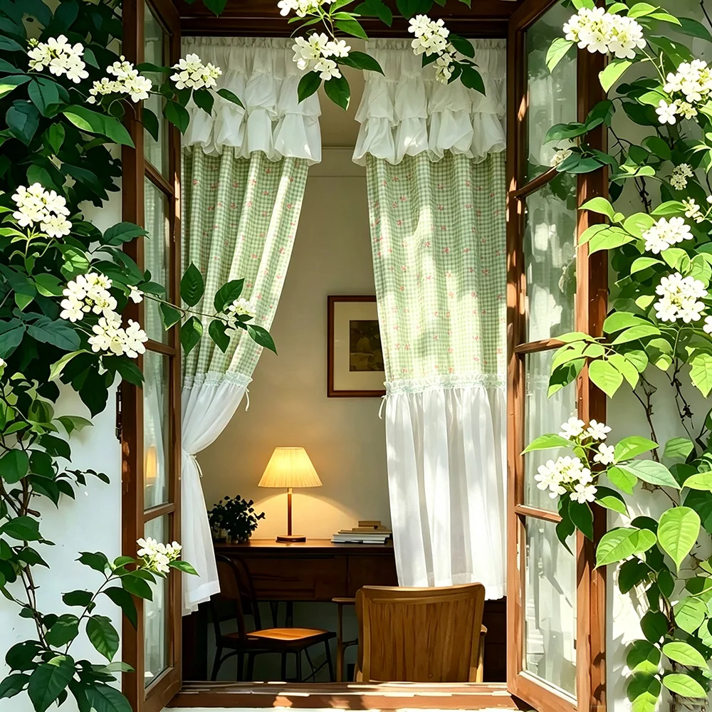 Bow Pattern Floral Print Bubble Ruffles Tier Curtain with White Ruffled Skirt Lace Trim Curtains for Bedroom,Living Room Decor