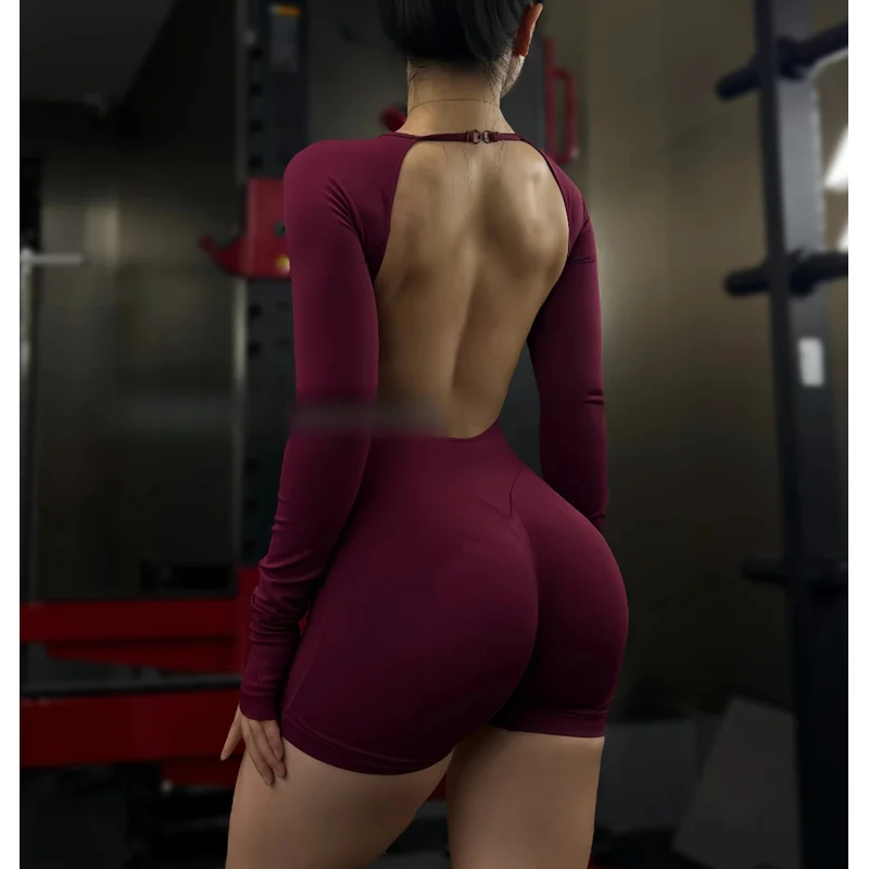 Denyf Active Long Sleeve One Piece Women Seamless Yoga Fitness Workout Short Jumpsuit Backless Set Gym Sportswear Playsuit