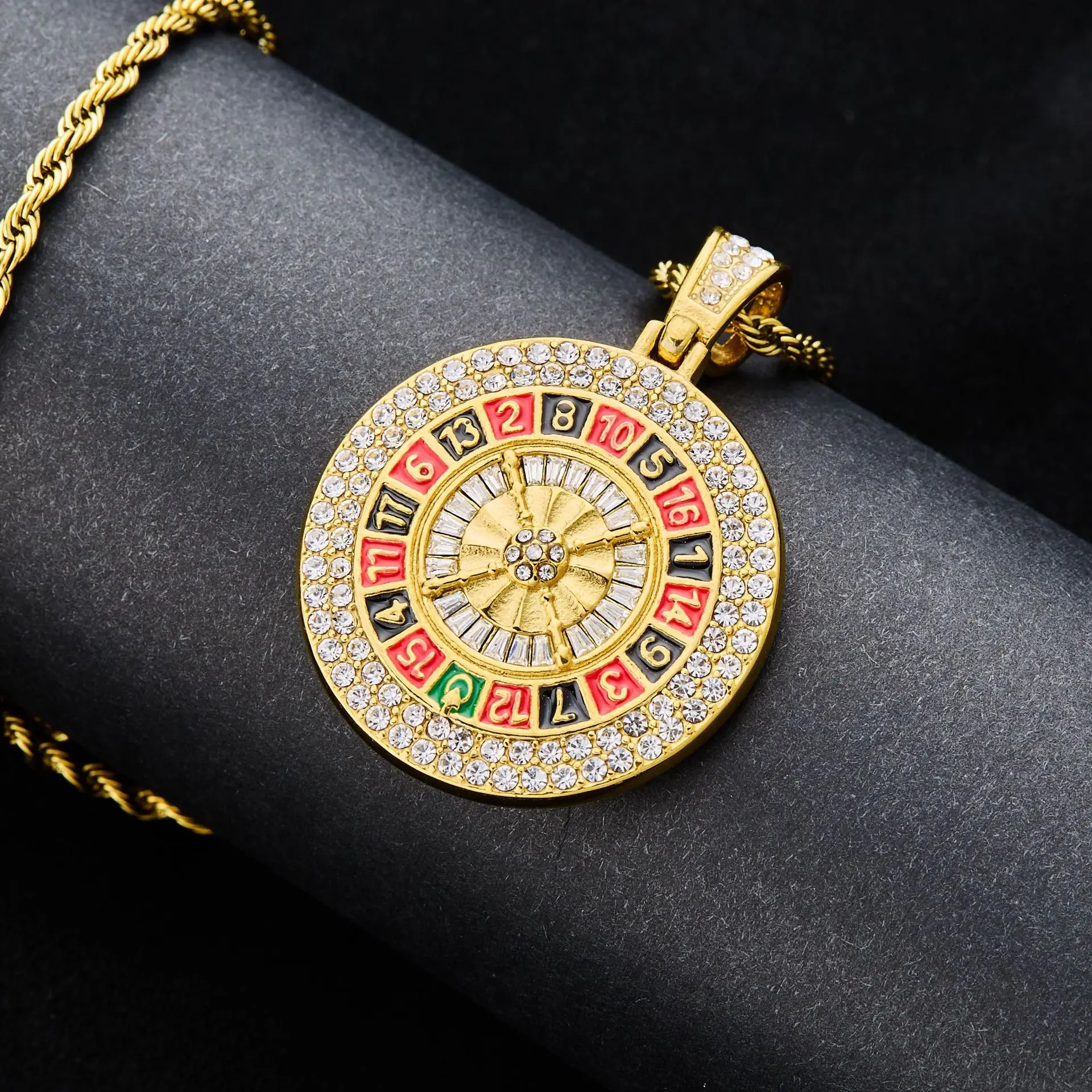 1pc digital turntable Gold color 316L Stainless steel with full rhinestone Big Pendant Chain Necklace For Women Hiphop Jewelry