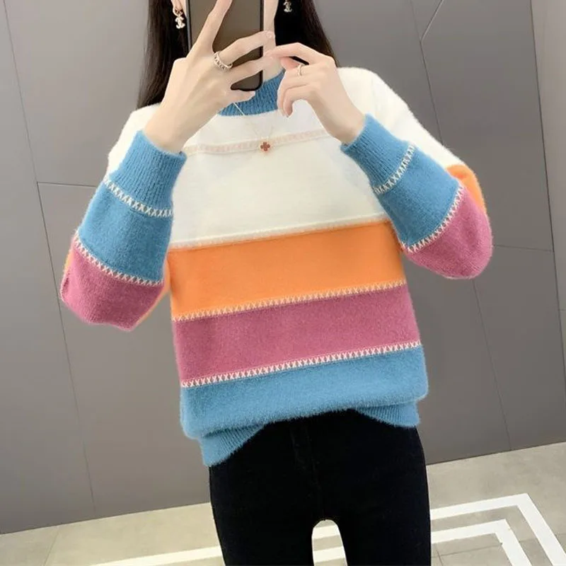 New Autumn/Winter Fashion Korean Edition Colored Mink Fleece Half High Neck Loose Versatile Western Women\'s Knitted Sweater