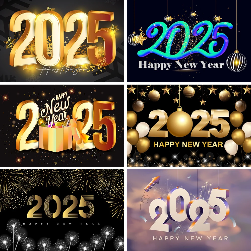 2025 New Year Photography Background Black and Gold Digital Countdown Gold Balloon Family Party Canvas Backdrop Photobooth Props