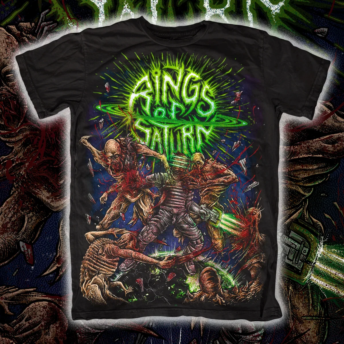 Rings of Saturn Lugal Ki En Epic Interstellar Battle Dark Death‑Metal Theme Print T‑Shirt, Equipped with Eye‑catching Full‑print