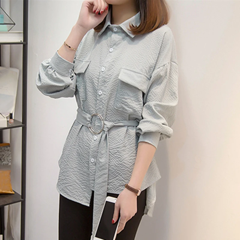 

Autumn Women Chiffon Blouse Casual Belt Loose Single Breasted Tops Ladies Striped Long Sleeve Shirt Blusas Mujer Female