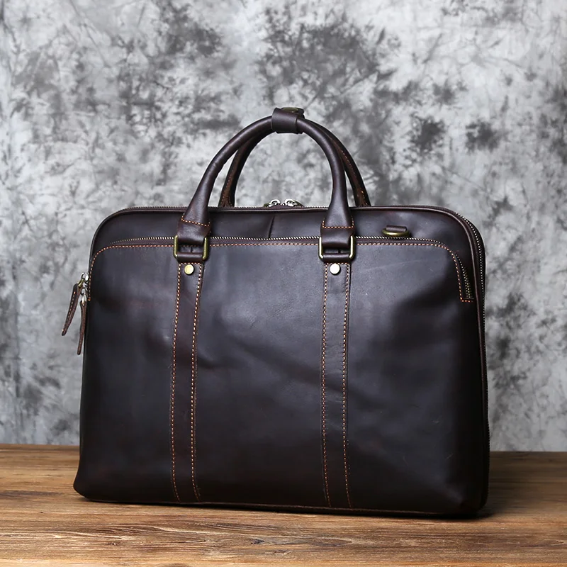 NZPJ Vintage handgefertigte Leder Herrenhandtasche Oberschicht Rindsleder Große Kapazität Business Computertasche Herren Schulter Diagonaltasche – Detail 8