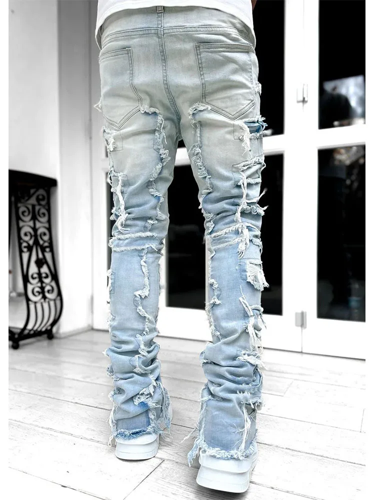 2023 New Streetwear Ripped Stretch Patch Jeans for Men high quality Straight Fit Long Jeans Fashion Men Clothes