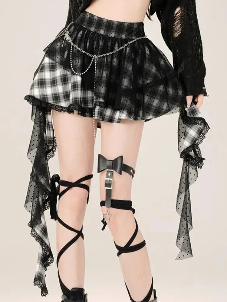 Harajuku Y2K Plaid Skirt Women Vintage Streetwear High Waist Gothic Mini Skirts Retro Lace Patchwork Punk Style Lady Skirt New