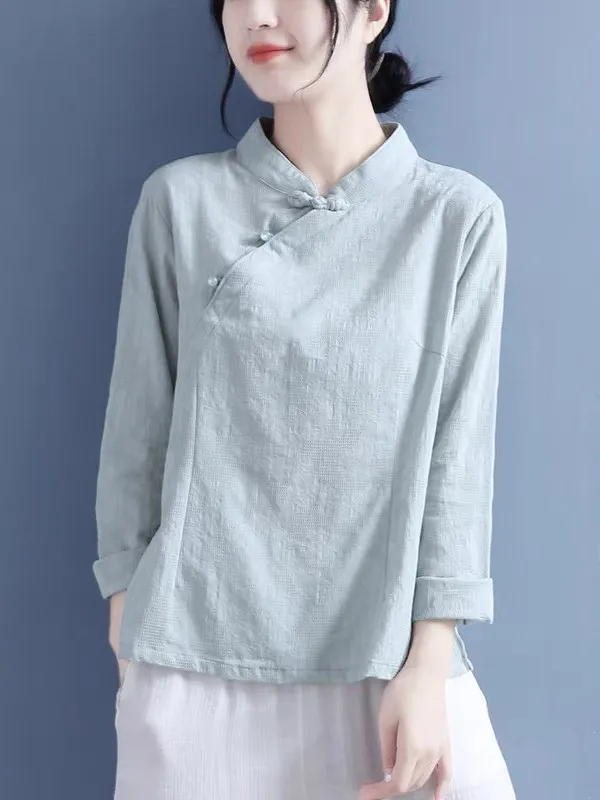 Damen Leinen Irt Blumenstickerei Stehkragen Baumwolle Leinen Tee Kostüm Top Button Up Loose Fit Sommer Neues chinesisches Design