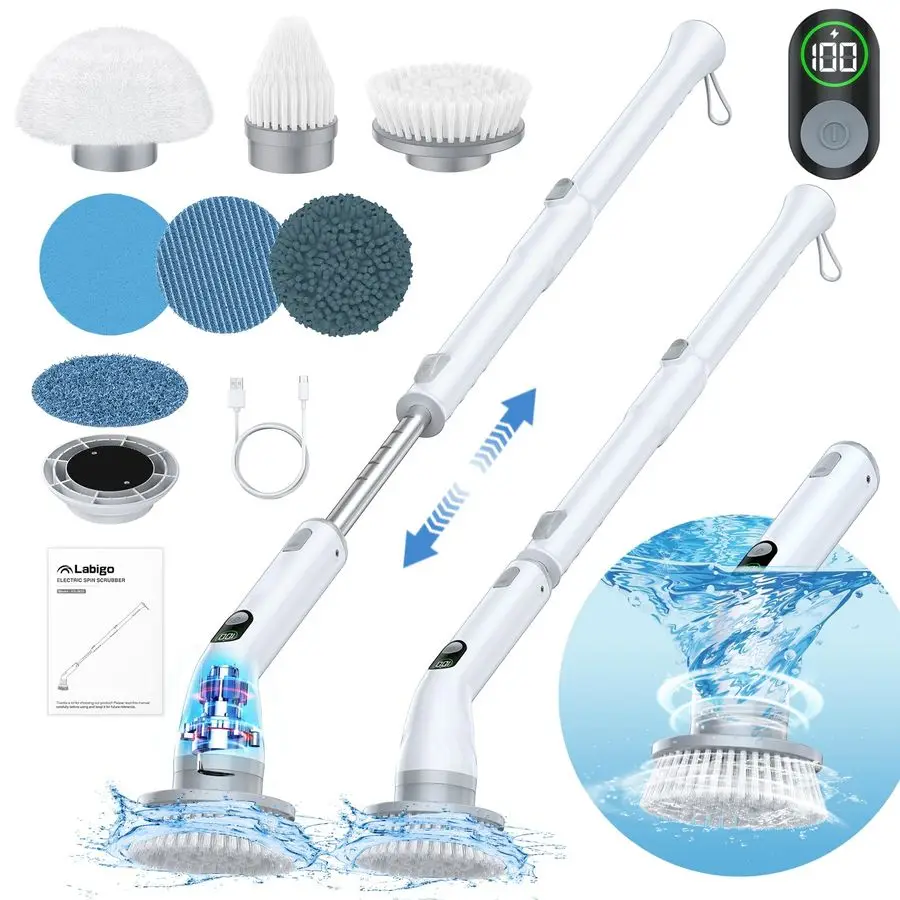 

Electric Spin Scrubber LA4 Pro, Dual Speed Bathroom Scrubber with Display amp 6 Replacement Cleaning Heads, Cordless Power Scrub