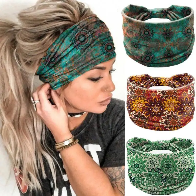1 Stück elastische, rutschfeste Haarbänder, Boho-Stirnbänder mit Blumenmuster, breite, verdrehte, geknotete Haarbänder für Damen, Vintage-Yoga-Kopftücher, Turbane. – Detail 1
