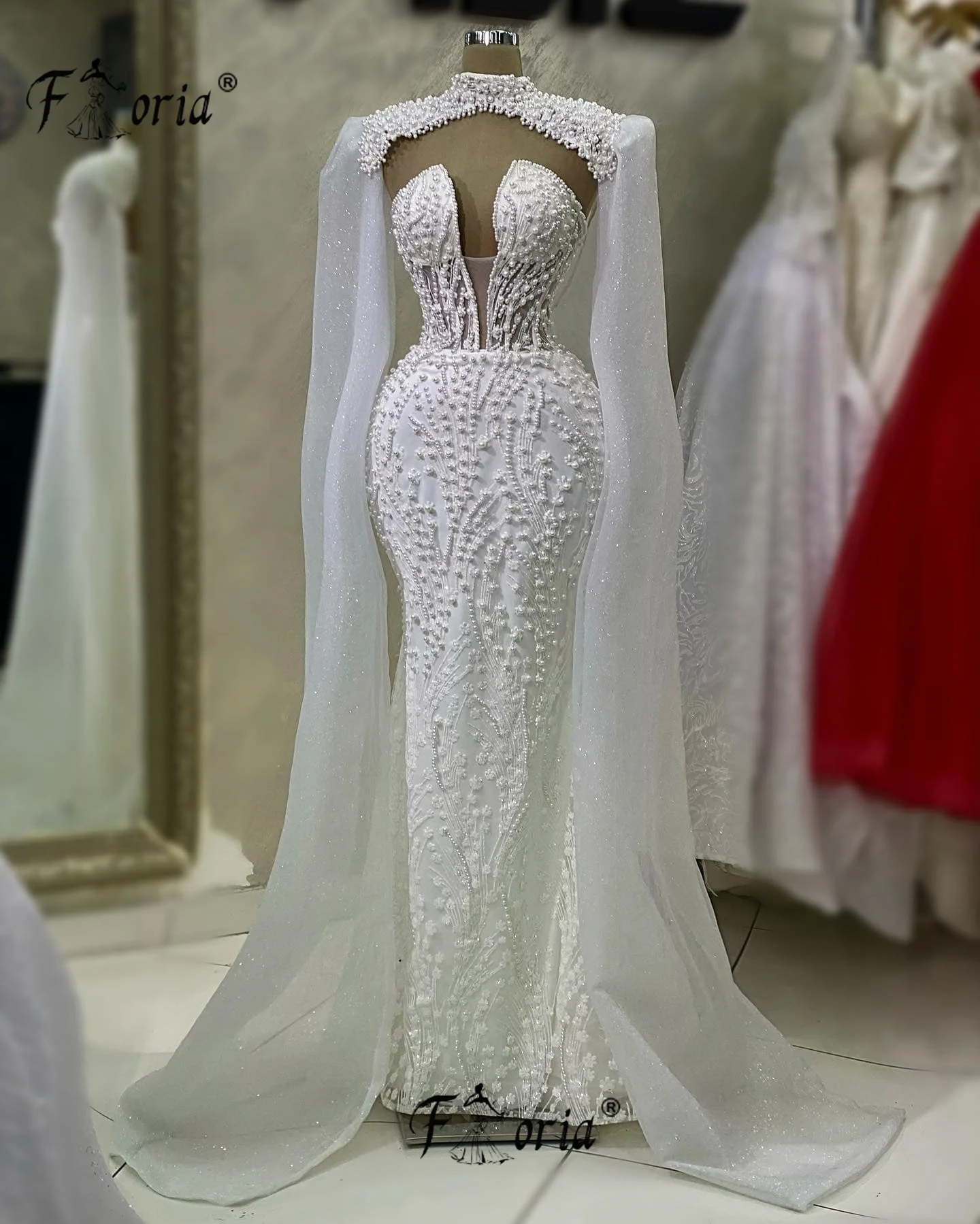 

Свадебные платья Luxo с жемчужными бусинами и длинной накидкой в стиле русалки, белое вечернее платье для женщин из Дубая, нарядное платье для вечеринки, свадебное платье на заказ