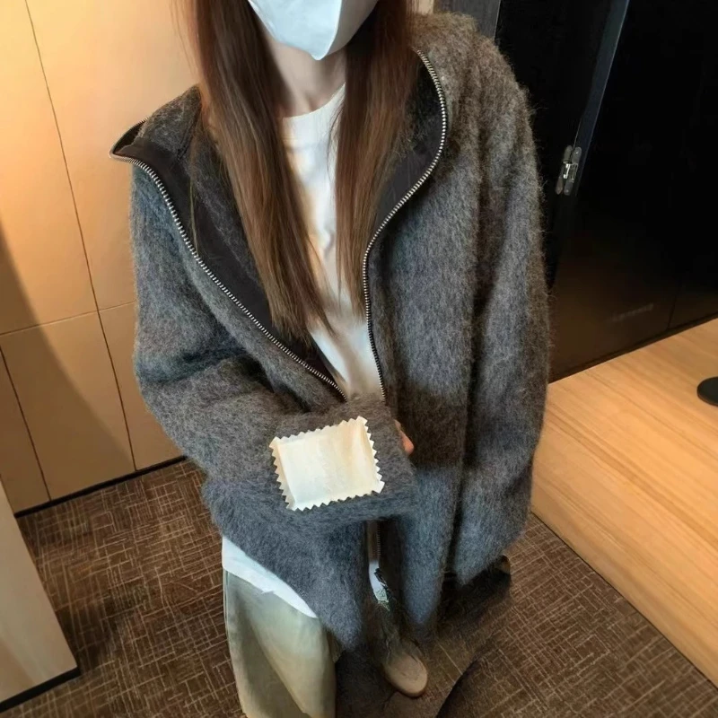 

New Autumn and Winter Zipper Hooded Cotton Gentle Woolen Jacket Women's Loose Beauty Comfortable Temperament Cardigan