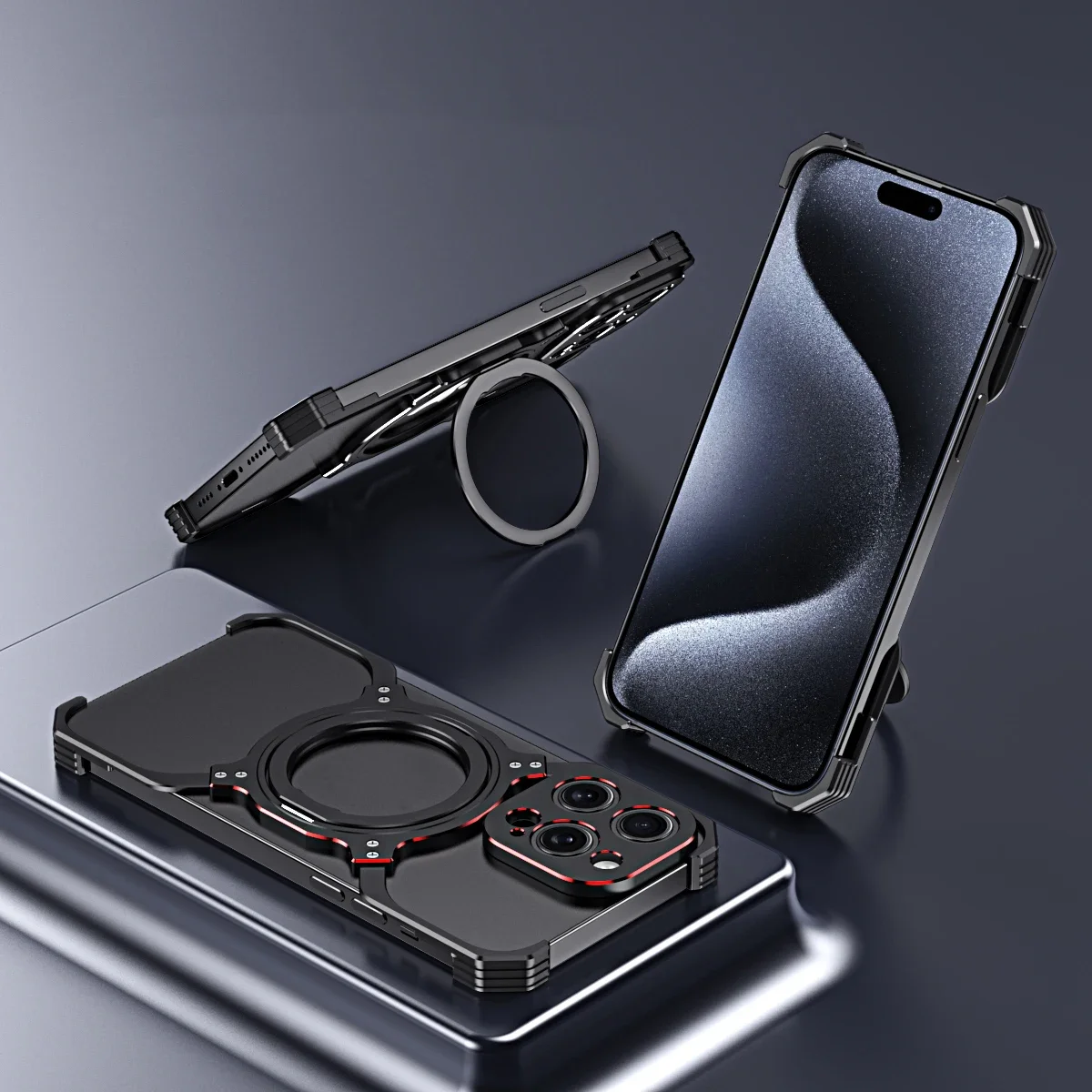 Bezramkowe magnetyczne metalowe etui do iPhone\'a 15 Pro Max 14 13, zderzak ze stopu aluminium 360° Obrotowa osłona ochronna obiektywu z podstawką