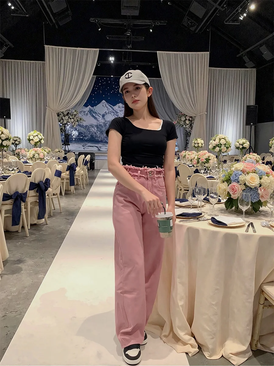 Hoge taille wijde pijpen jeans voor meisjes denim broek dameskleding herfst dubbellaags recht kruis gothic feestkleding avondfeest