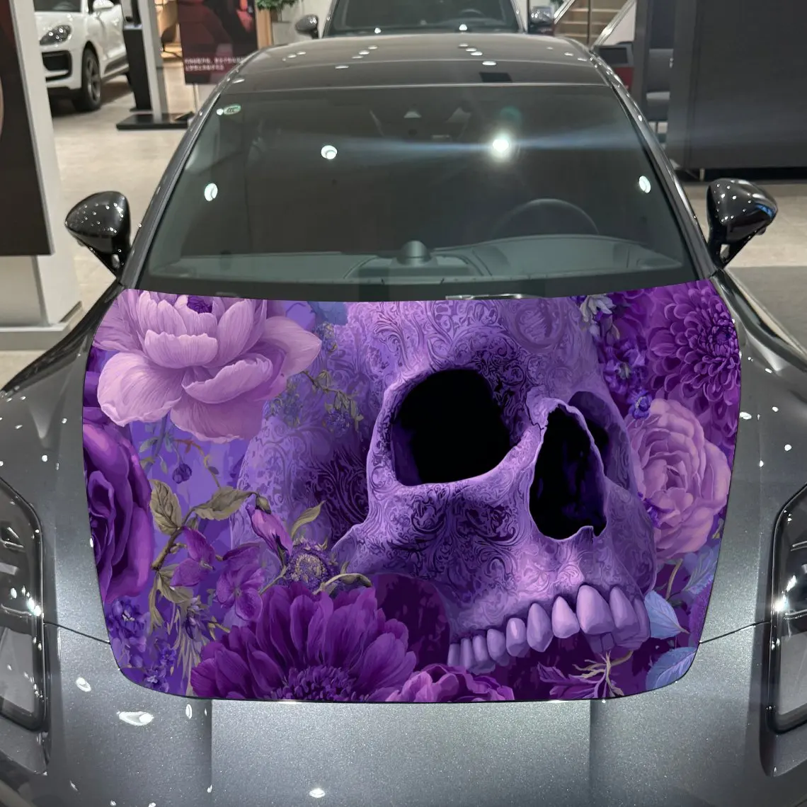 

Car Decals A Cranium & Blossom Motif In Opulent Purple Tones Close - Up With Elaborate Ossuary & Floral Textures, Macabre Art Ae