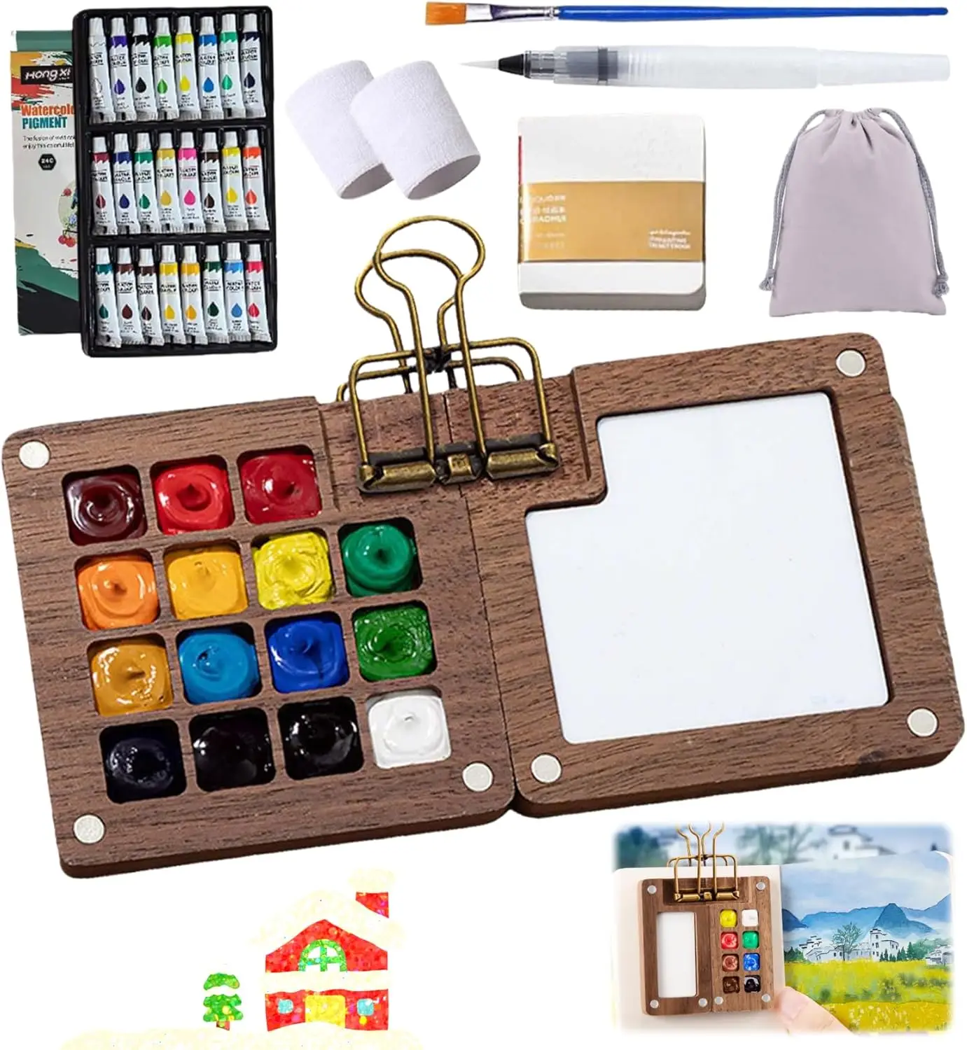 

Мини-набор акварельных красок, портативный комплект, деревянная палитра из орехового дерева на 24 цвета с альбомом для рисования и кистью-ручкой (15 ячеек)