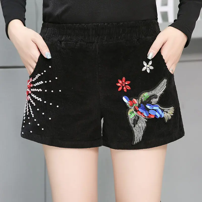 

A-Line Wide Leg Femme Shorts Autumn Winter Lady Elegant Short Pants Shorts Feminino Shorts Women Diamond Elastic High Waist T480