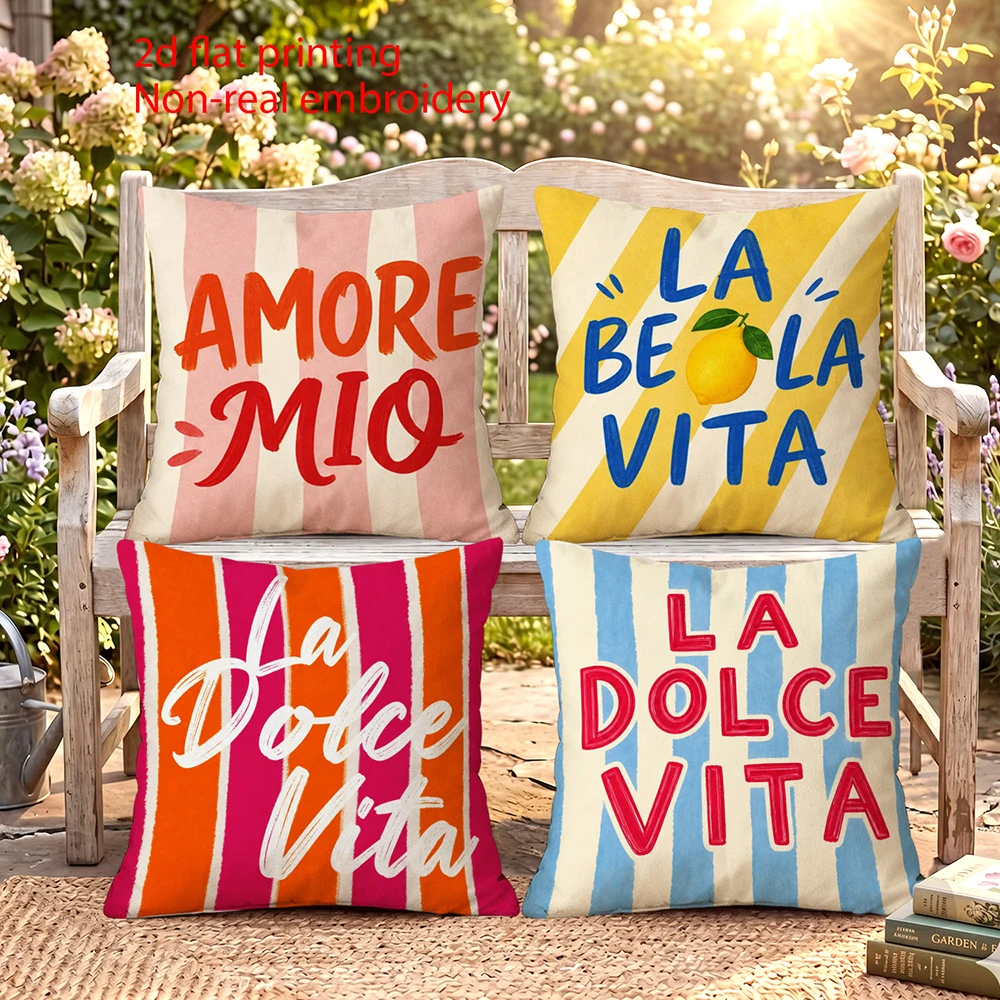 4 Fundas de Cojín Decorativas con Rayas y Citas Italianas, La Dolce Vita Amore Mio, para Verano
