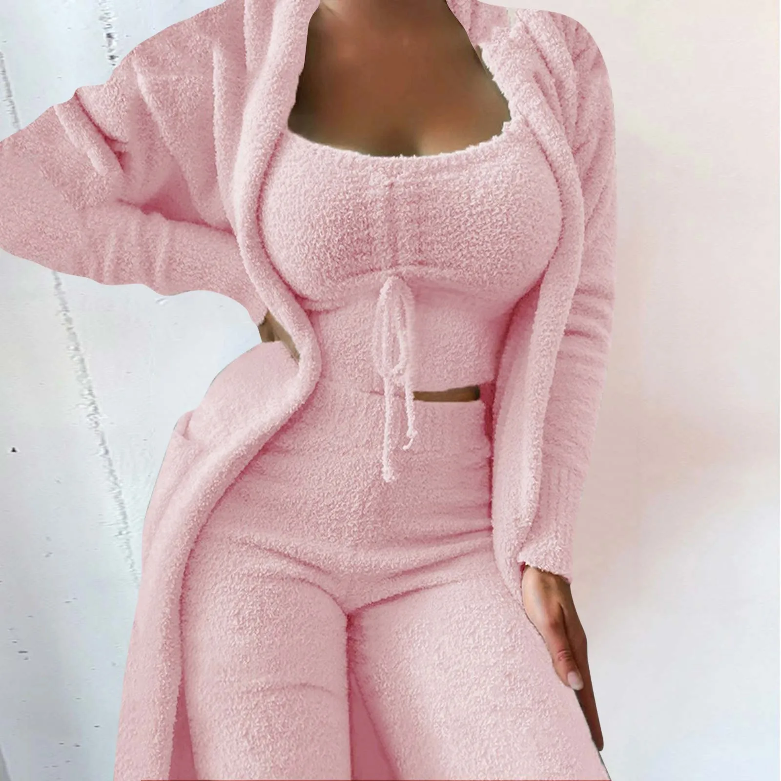 

Autumn Winter Warm Soft Fleece 3 Pieces Suit Women's Velvet Pajamas Set Crop Top+Long Pants+Coat Homewear Pyjamas Matching Sets