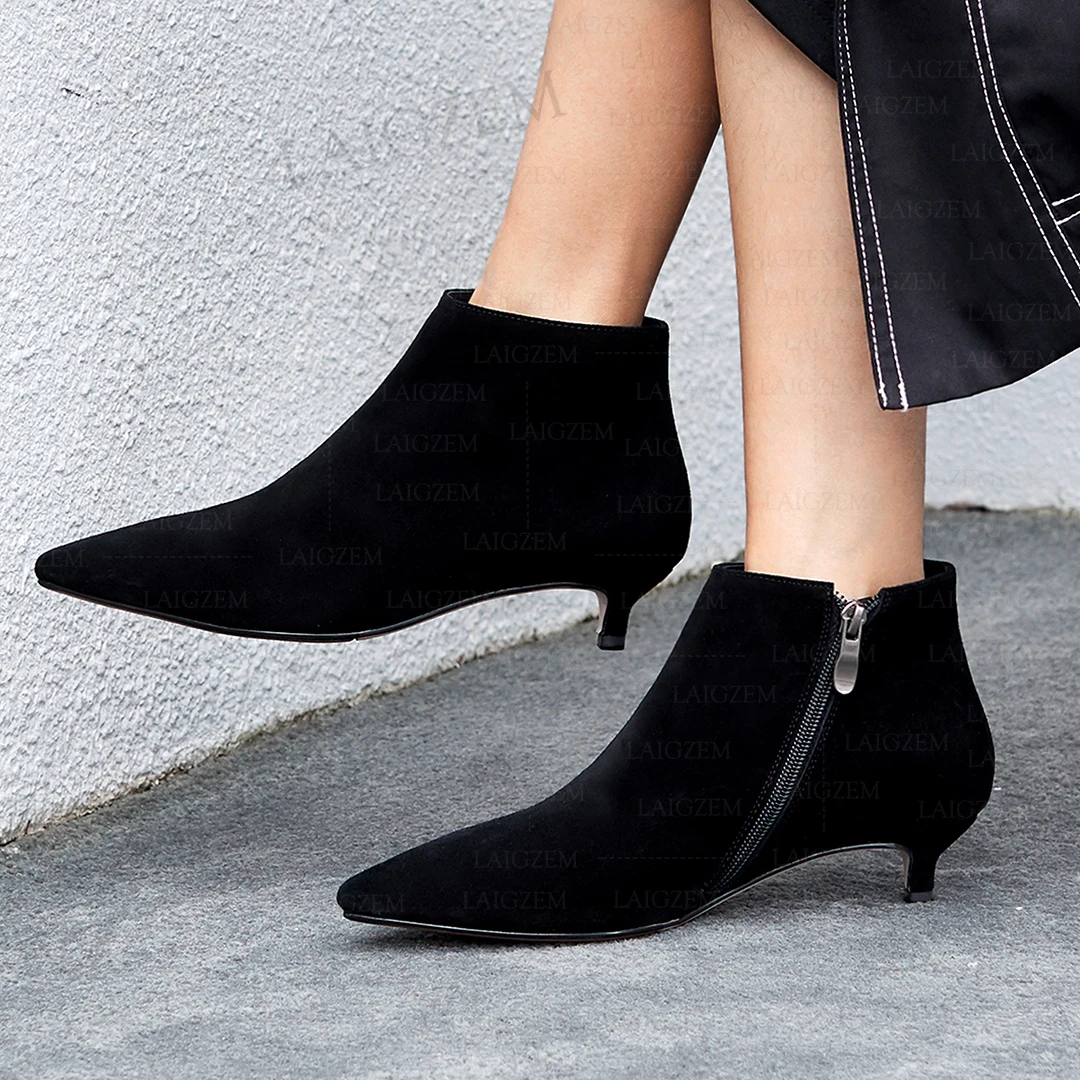 LAIGZEM kobiety botki prawdziwe zamszowe szpiczasty nosek 3.5CM kociak Heelsn wygodne krótkie botki damskie buty kobieta rozmiar 33 38 40