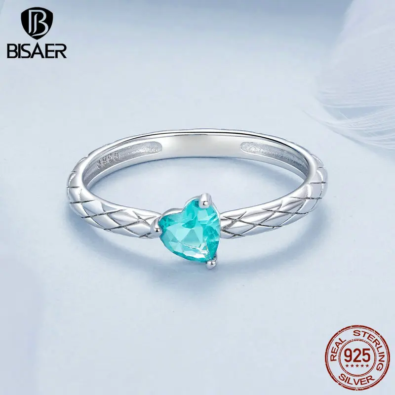 BISAER 100% 925 Sterling Silver Quilting Heart Ring Green Love Glass Plated White Gold for OL Woman Party Fine Jewelry EFR563