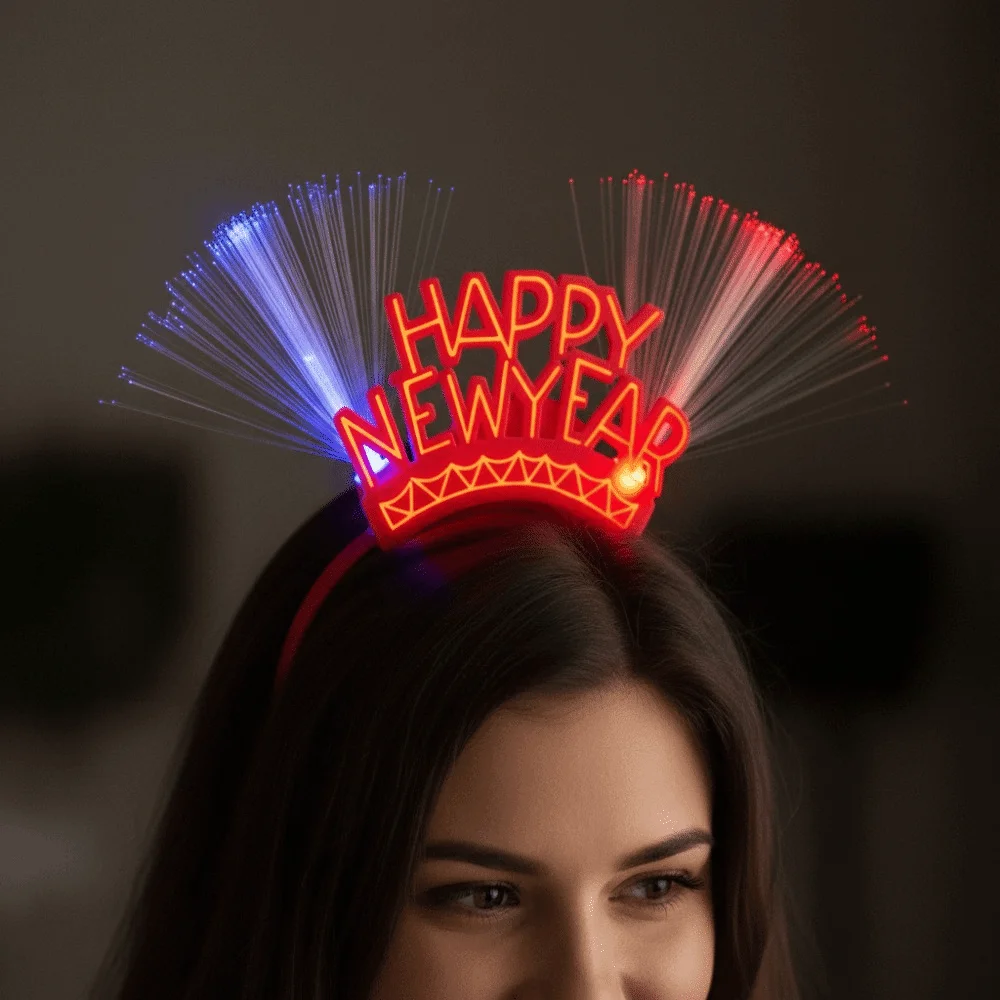 LED Glow 2026 Happy New Year Headband Number Letter Optic Fiber Light Up 2026 Glow Sticks Photographic Headwear Plastic