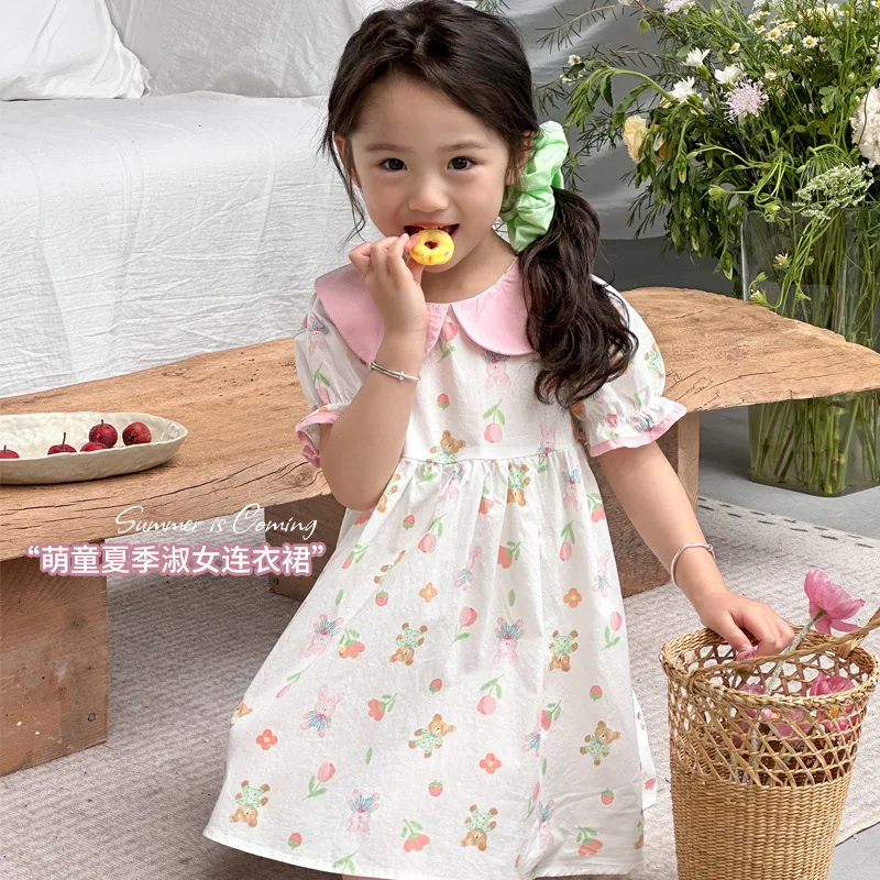 2024 Korean Summer Baby Girl Dress Doll Collar Cotton Floral Printed Little Girl Dressc Peach Printed Kids Girl Princess Dress