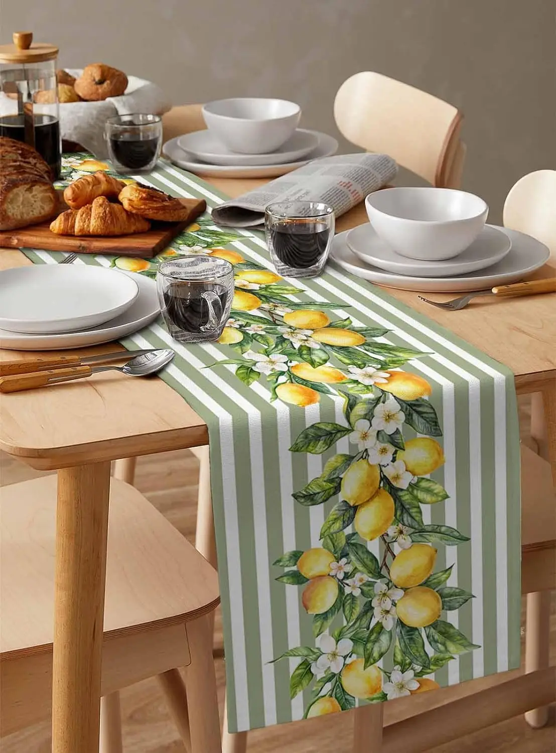 الصيف الليمون الفاكهة الزهور الكتان الجدول عداء مضمد وشاح ديكور أخضر أبيض مخطط الجدول العدائين عطلة المطبخ حزب ديكور
