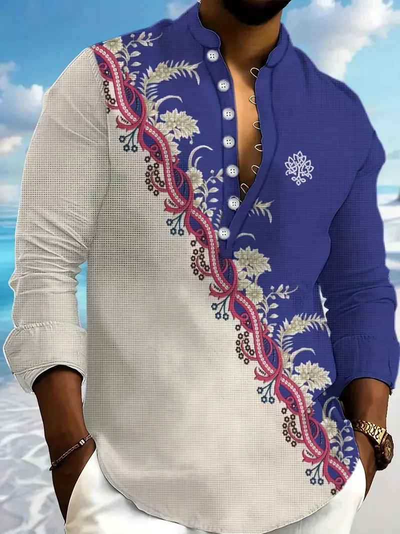 New Men's Casual Long Sleeve Henry Collar Linen Shirt Ethnic Print Men's Shirt High Quality Top For Daily Outing