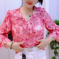 Elegant V-Neck Button Ruffles Printed Butterfly Sleeve Blouses Women's Clothing 2024 Summer Loose Chic Tops Office Lady Shirts