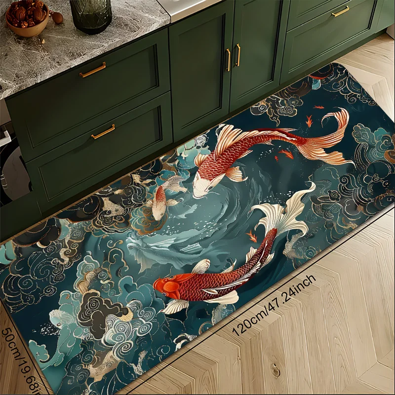 Luxury Koi Fish Wave Kitchen Mat, Non-Slip Soft Absorbent Long Floor Rug with Chinese Lucky Carp Print for Oriental Home Decor
