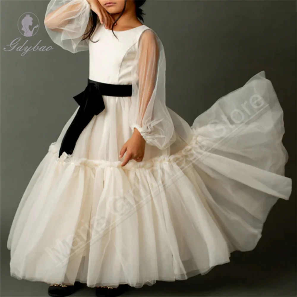 Elegant Sheer Long Sleeve Champagne Flower Girl Dress Fluffy Communion Suitable For Children's Birthday Party Dresses