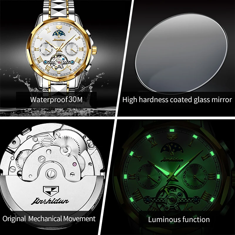 JSDUN New Luxury Couple Watch Fashion Tourbillon Mechanical Watches Waterproof Luminous Sports Moon Phase Couple Set Watches